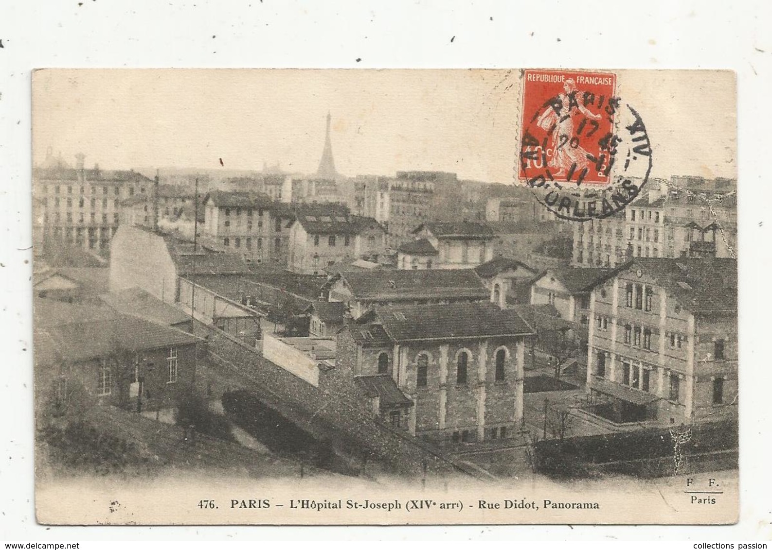 Cp, 75, Paris , L'hôpital SAINT JOSEPH , Rue DIDOT , Panorama , Voyagée 1911 - Santé, Hôpitaux