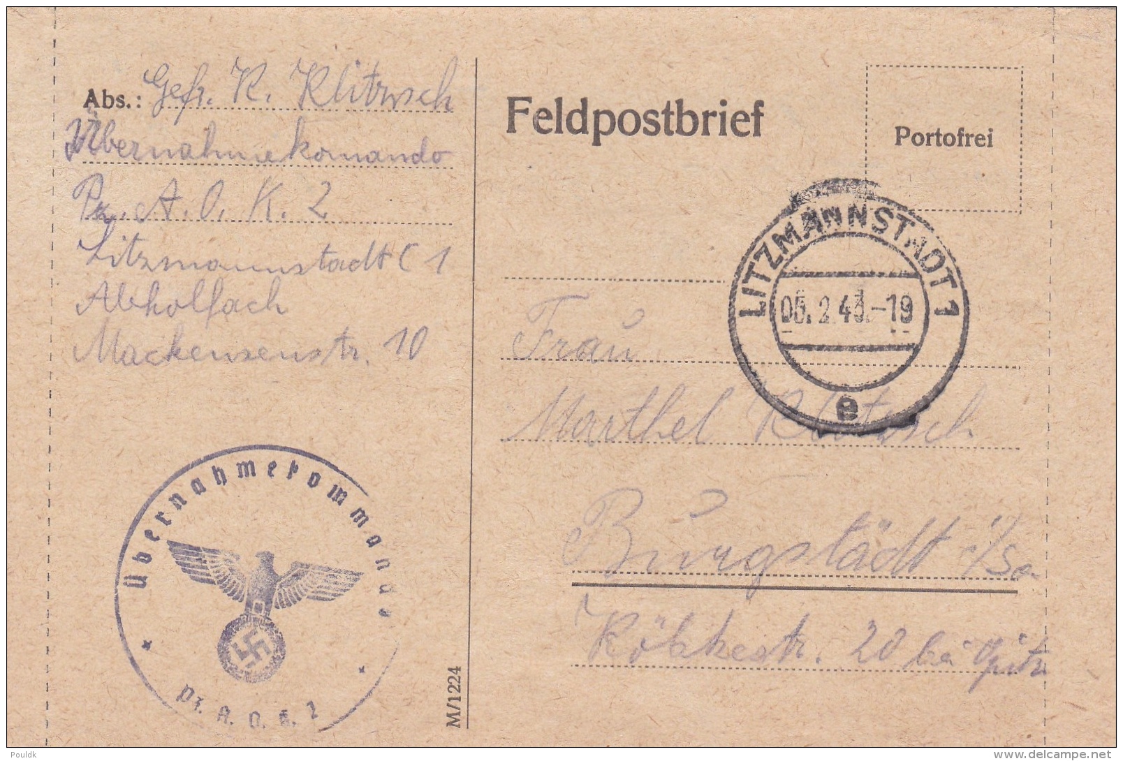 German Feldpost WW2: Übernahmekommando Pz. AOK 2 In Litzmannstadt P/m Litzmannstadt 1 5.2.1943 - Letter Inside  (G94-20) - Militaria