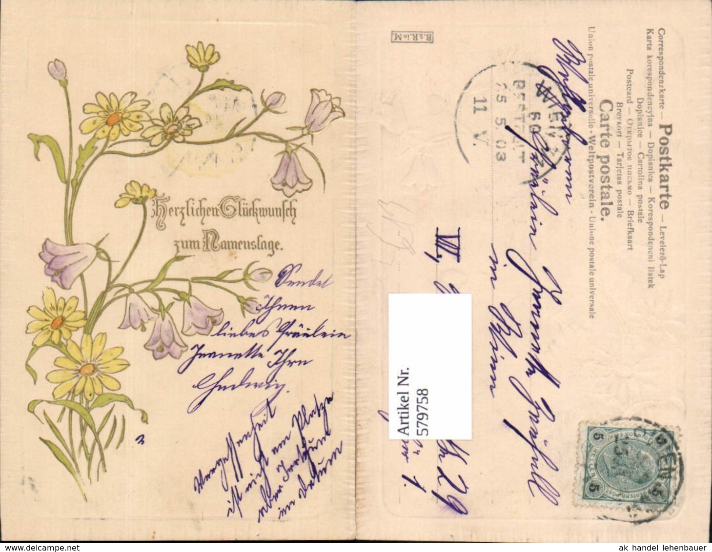 579758,Pr&auml;ge Lithographie Namenstag Jugendstil Art Nouveau Blumen - Sonstige & Ohne Zuordnung