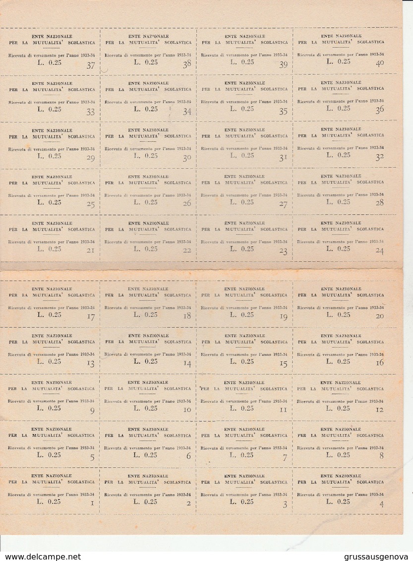 16657) ENTE NAZIONALE MUTUALITA SCOLASTICA RICEVUTA VERSAMENTO FOGLIO COMPLETO 40 CEDOLE OTTIME CONDIZIONI - Documentos Históricos