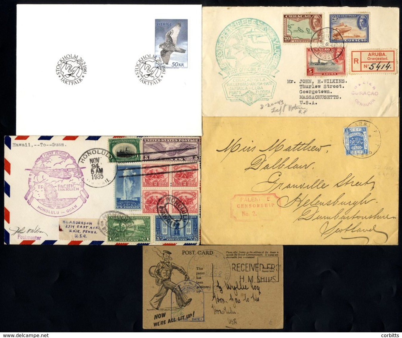 MISCELLANEOUS Cover Assortment From USA Incl. 1935 Cacheted First Flight Honolulu To Guam, 1927 Luxemburg To France By B - Other & Unclassified