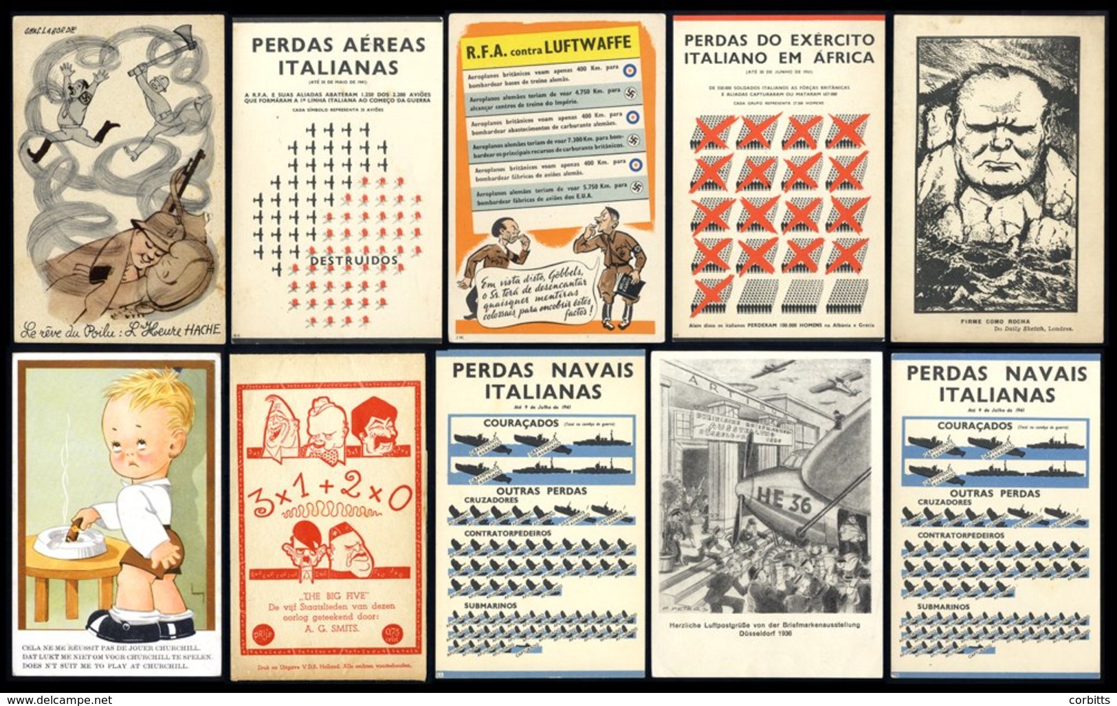 1930's-40's ANTI GERMAN Propaganda Cards (group Of 16) Mostly Comic Types Of Portuguese Production Showing Statistical L - Autres & Non Classés