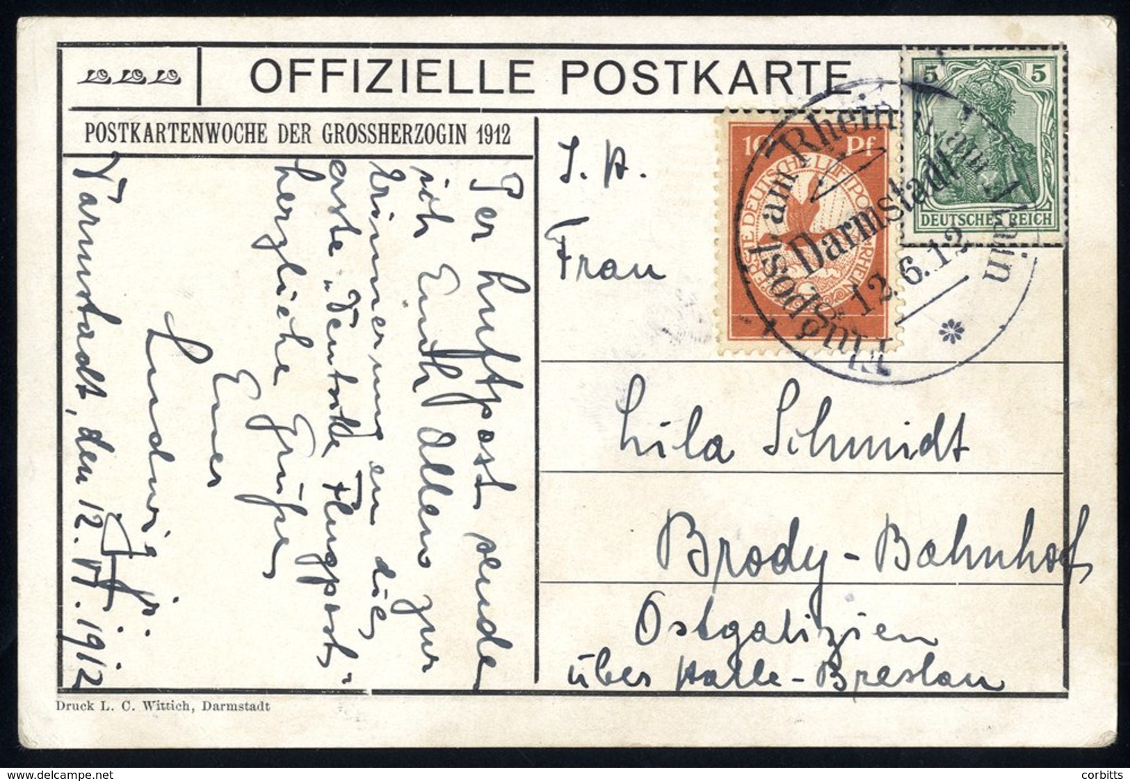 1912 Rhein U Am Main Flight By The Airship 'Schwaben' Official Card To Breslau, Franked 5pf + 10pf Label, Tied By Darmst - Other & Unclassified