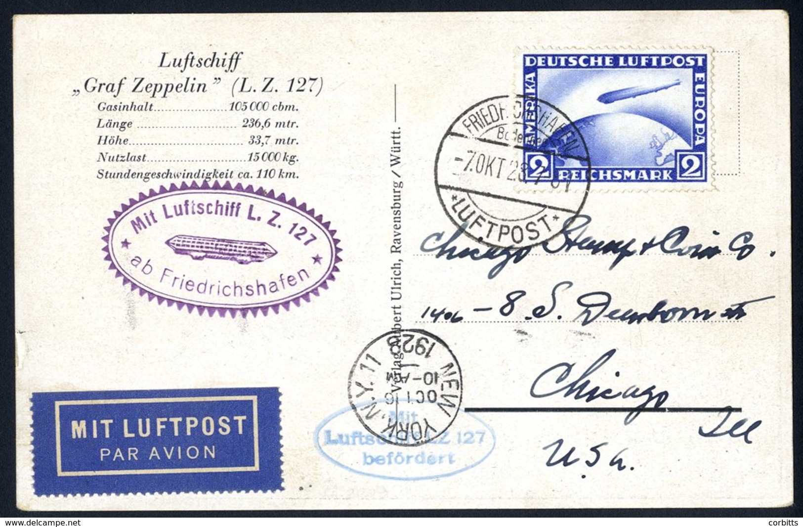 1928 America Flight Official Card To Chicago, Franked 2rm Zeppelin, Tied Friedrichshafen D/stamp. Reverse Also Bears New - Other & Unclassified