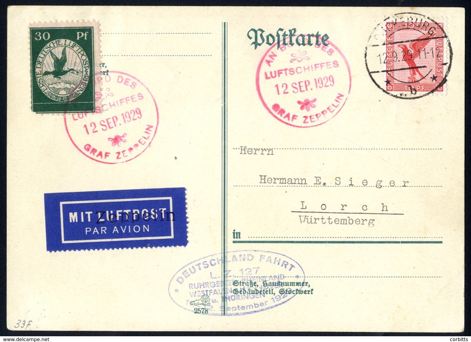 1929 Deutschland Flight Card From Buckburg To Lorch, Franked 10pf Air, Also Bears Old 30pf Label, Tied By Red Flight Cac - Autres & Non Classés