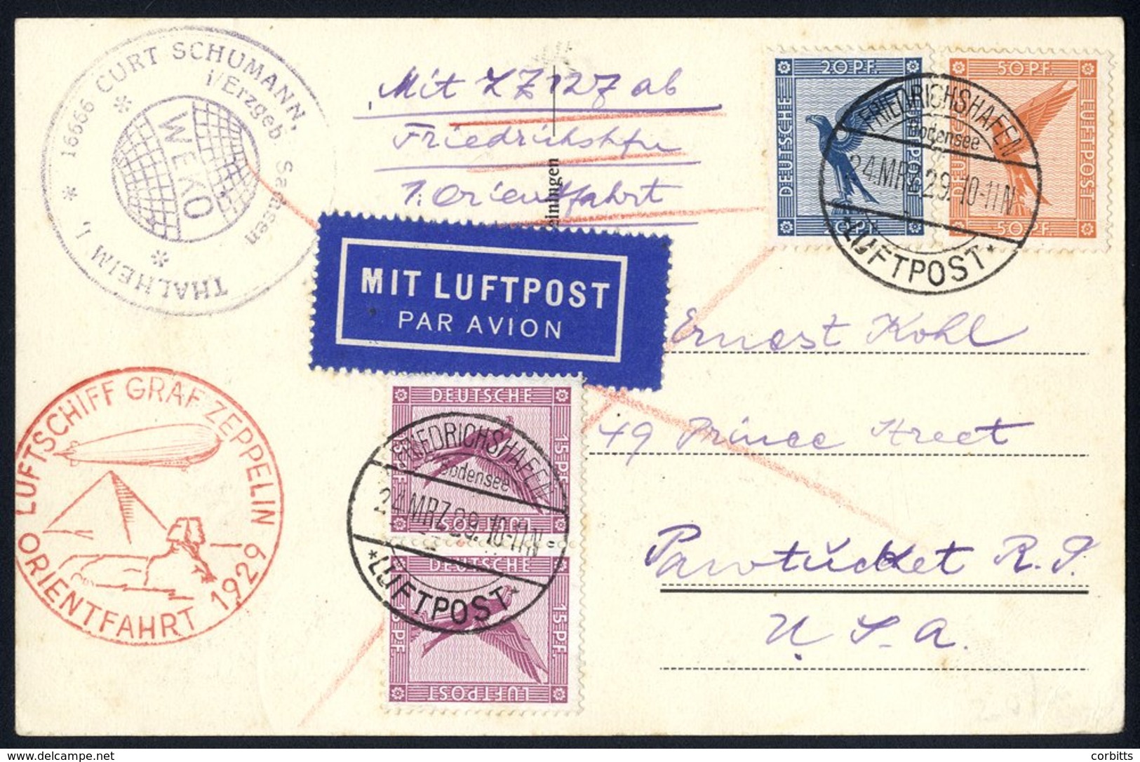 1929 Orient Flight Postcard To USA, Franked 15pf (2), 20pf & 50pf Eagle Airs, Tied Friedrichshafen Luftpost C.d.s. Rever - Autres & Non Classés