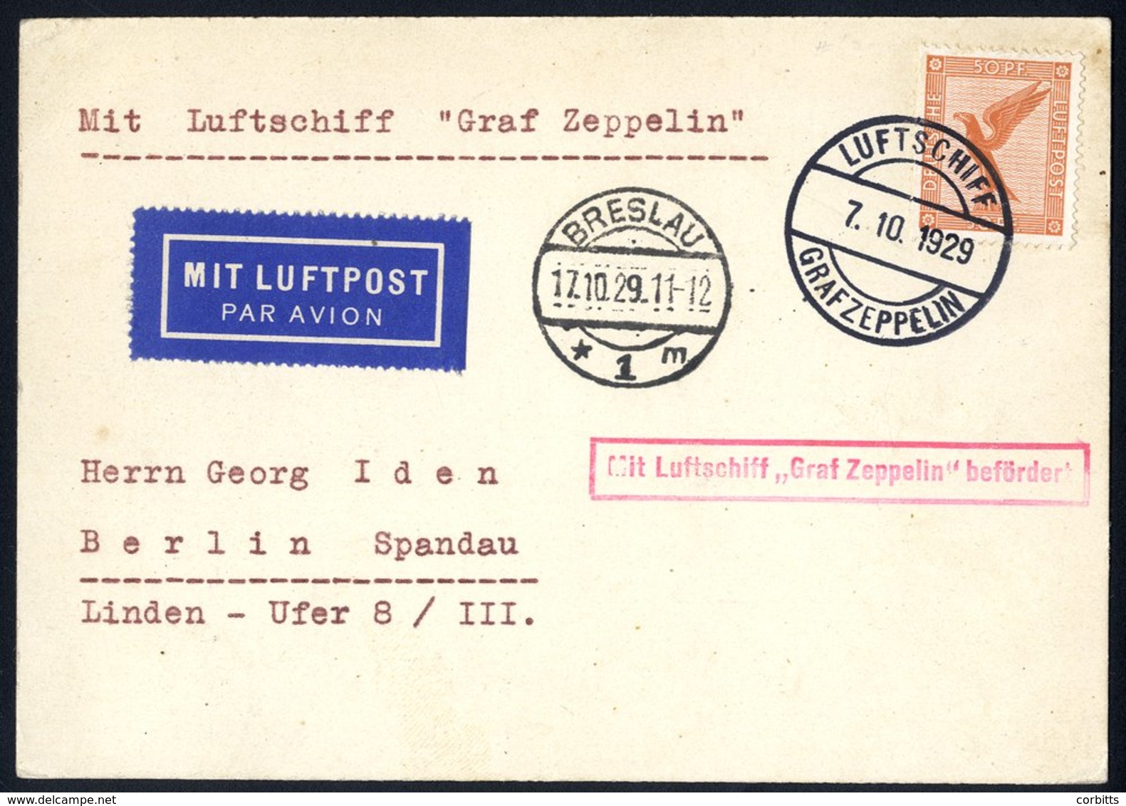 1929 Switzerland Flight Card To Berlin From Breslau, Franked 50pf Air, Tied 'Luftschiff Graf Zeppelin' C.d.s, Bears Red  - Other & Unclassified