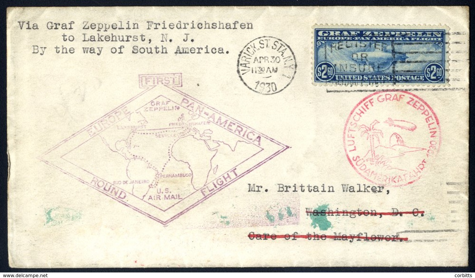 1930 Europe - Pan America Flight United States Acceptance Envelope To Washington, Franked $2.60 Zeppelin, Cancelled New  - Autres & Non Classés