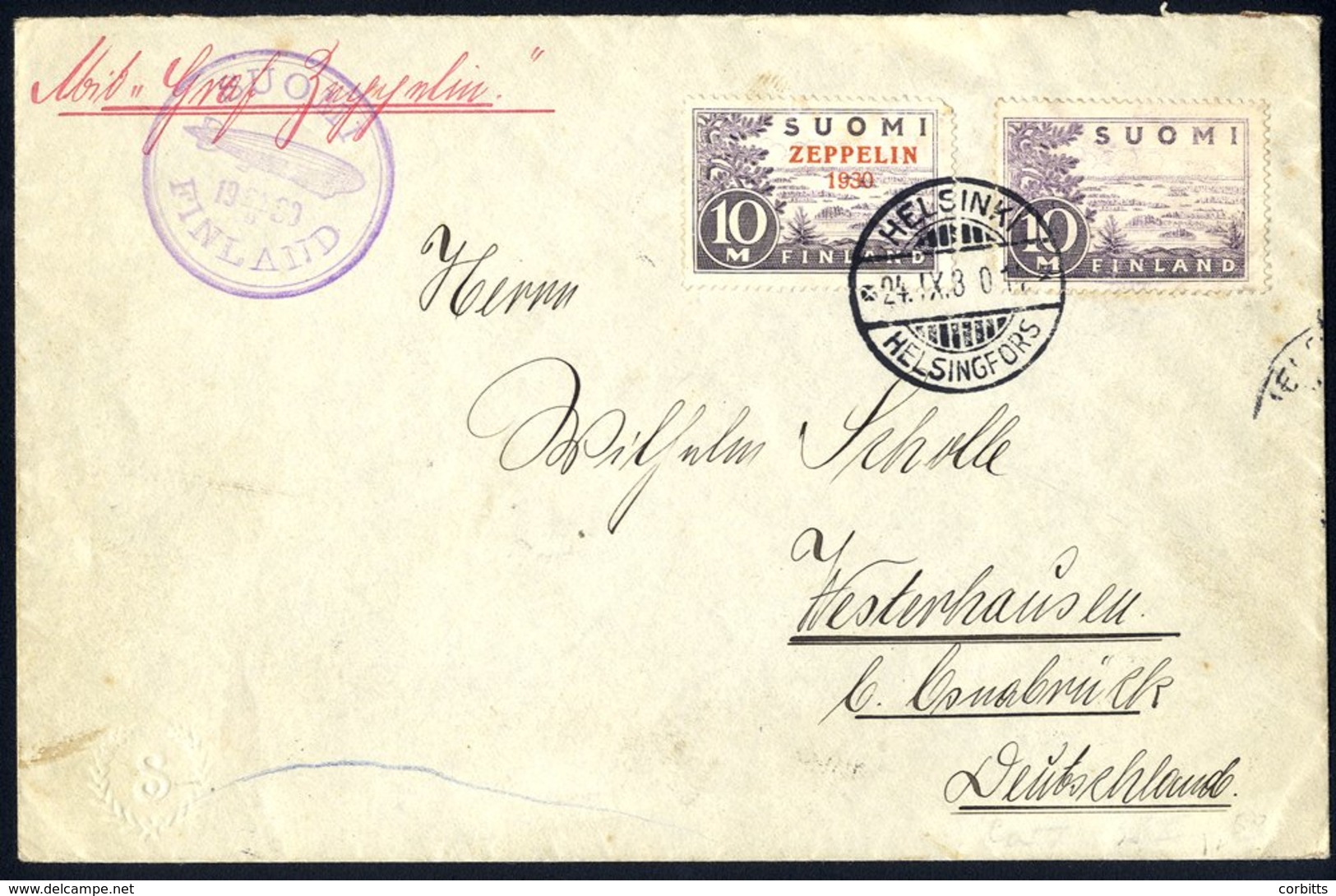 1930 Finland Flight Finnish Acceptance Envelope To Westerhausen, Franked 10m (2) - One Overprinted 'Zeppelin 1930' Cance - Autres & Non Classés