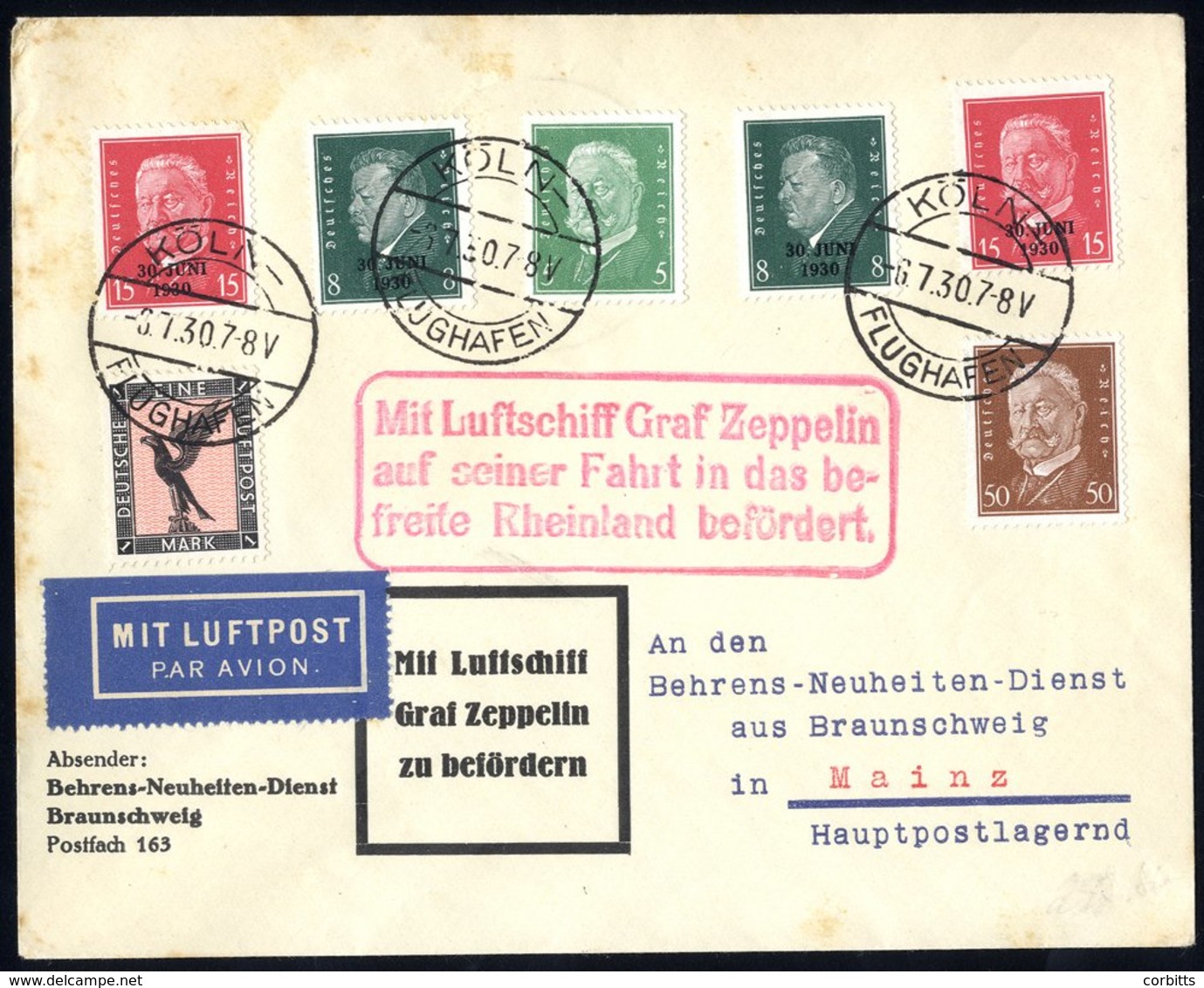 1930 Rheinland Flight Envelope Commemorating Allied Troops Evacuation With Multi Franking Tied 'Koln Flughafen' C.d.s, B - Other & Unclassified