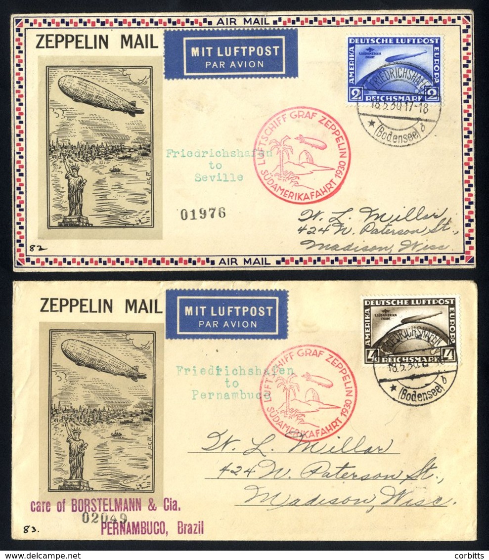 1930 South America Flight Illustrated Envelope To USA Franked Overprinted 2rm Zeppelin For Seville & 4rm For Pernambuco  - Autres & Non Classés