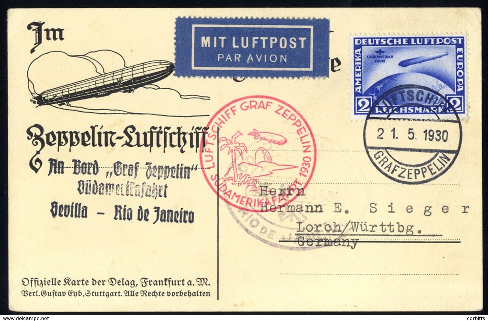 1930 South America Flight Card To Lorch, Franked 2rm, Overprinted Zeppelin, Tied 'Luftschiff Graf Zeppelin' C.d.s. - Autres & Non Classés