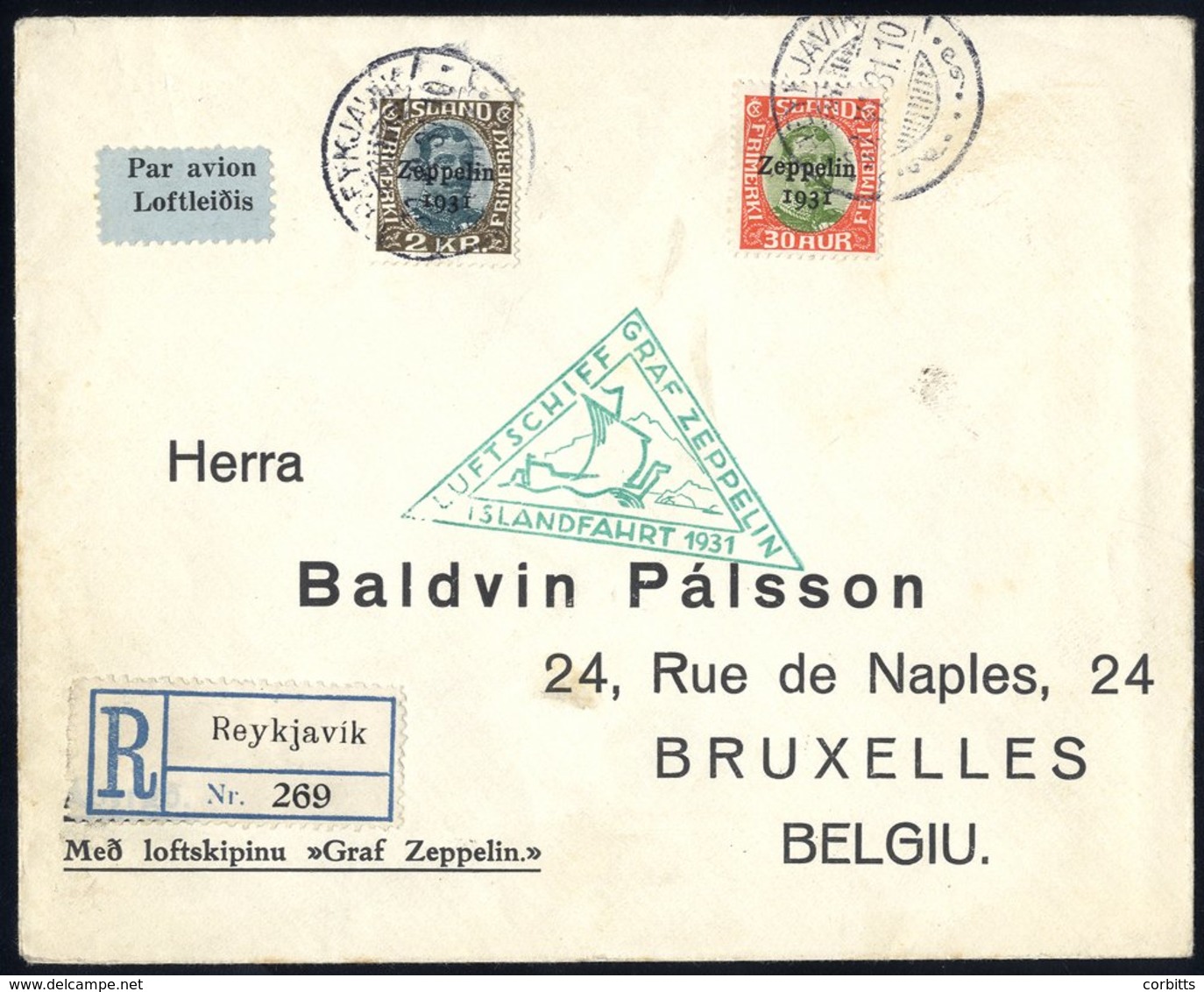 1931 Iceland Flight Acceptance Envelope To Belgium, Franked Overprinted 30aur + 2kr Cancelled Reykjavik C.d.s, Bears Gre - Autres & Non Classés