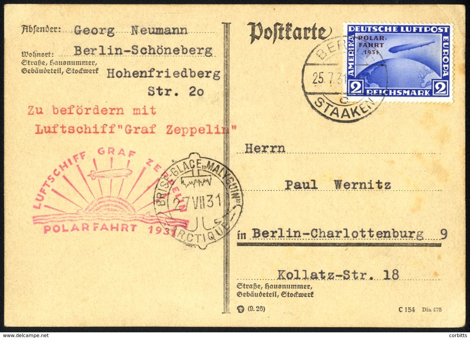1931 Polar Flight Card To Berlin, Franked 2rm Zeppelin Commemorative, Bears Red ' Sunrise' Flight Cachet Together With T - Autres & Non Classés
