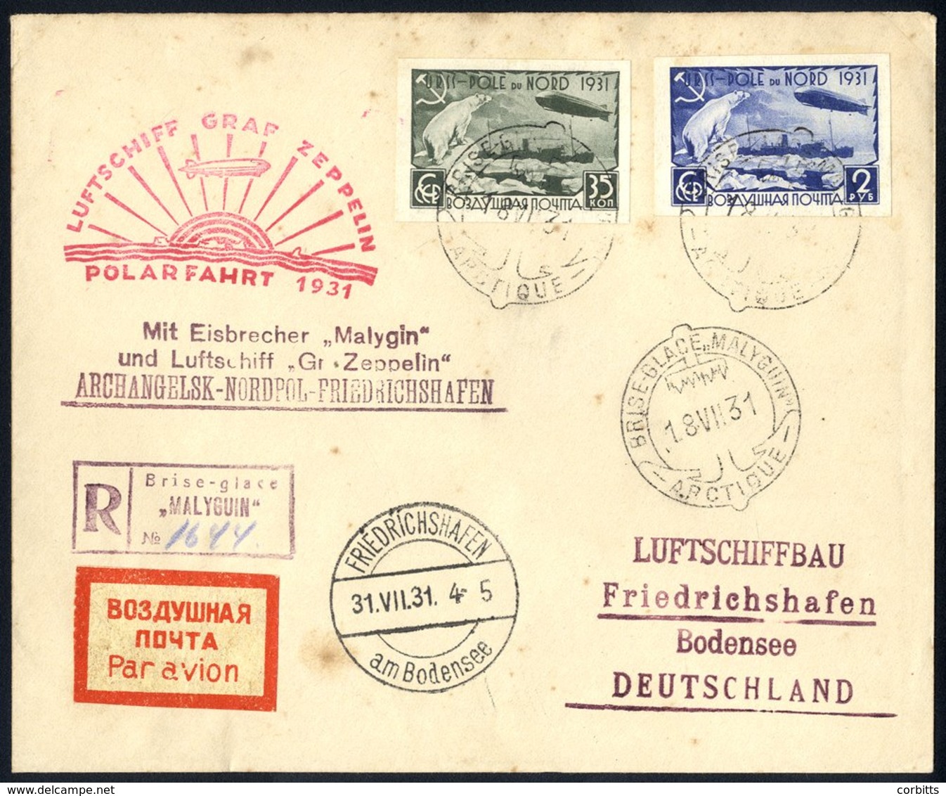 1931 Polar Flight Russian Acceptance Registered Envelope Franked 35k + 2r Imperf Commems, Cancelled 'Brise-Glace Malygui - Sonstige & Ohne Zuordnung