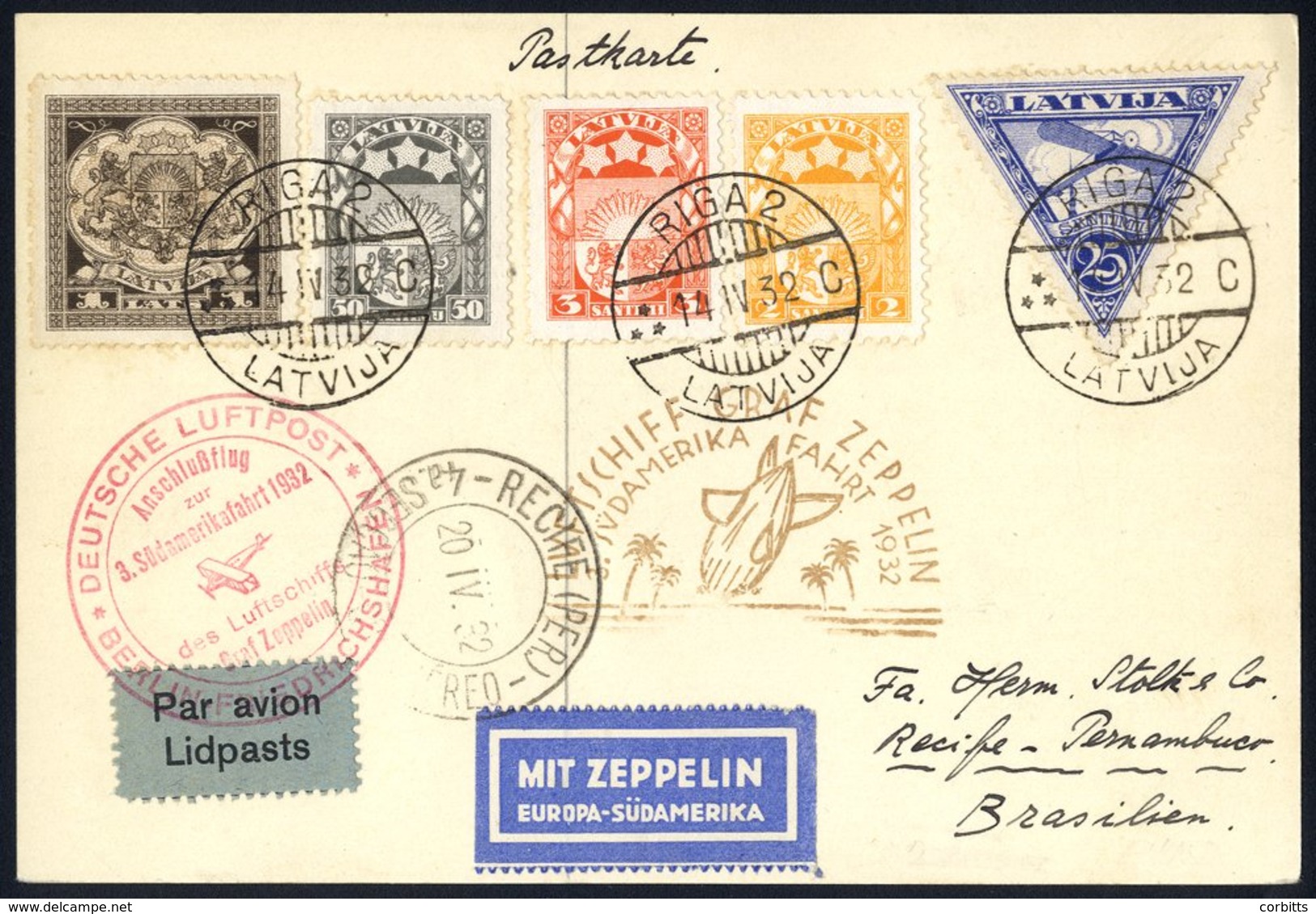 1932 3rd South America Flight Latvian Acceptance Card (no Message) To Recife, Franked 2, 3s.50s, 1L & Air 25s, Cancelled - Sonstige & Ohne Zuordnung