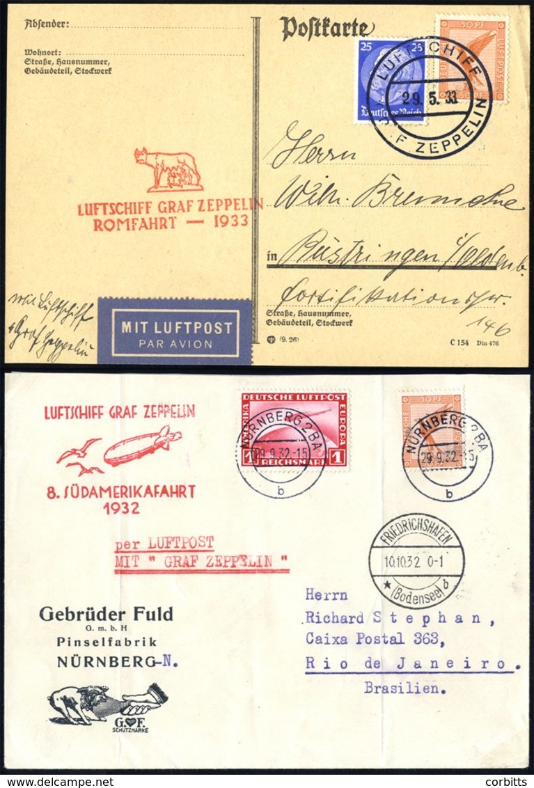 1932 8th South America Flight Advertising Envelope To Rio De Janeiro, Franked 50pf + 1rm Zeppelin Tied Nurnberg, Bears F - Autres & Non Classés