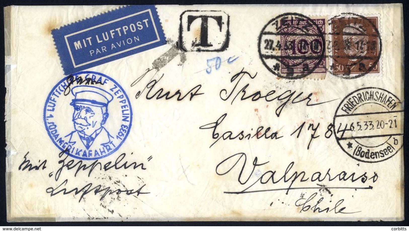 1933 1st South America Flight Envelope To Valparaiso, Franked 100pf & 50pf Hindenburg, Cancelled Zeitz C.d.s. Obverse Be - Other & Unclassified
