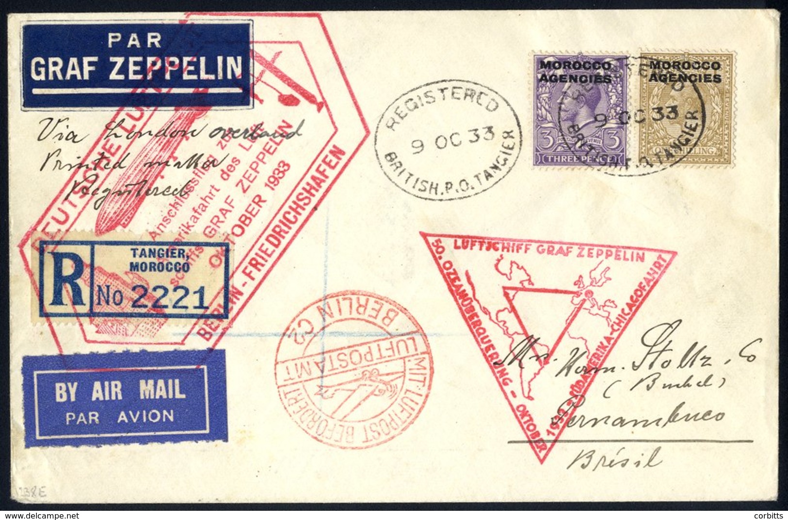 1933 Chicago Flight British Morocco Agencies Acceptance Registered Envelope To Pernambuco, Franked KGV 3d + 1s, Cancelle - Other & Unclassified