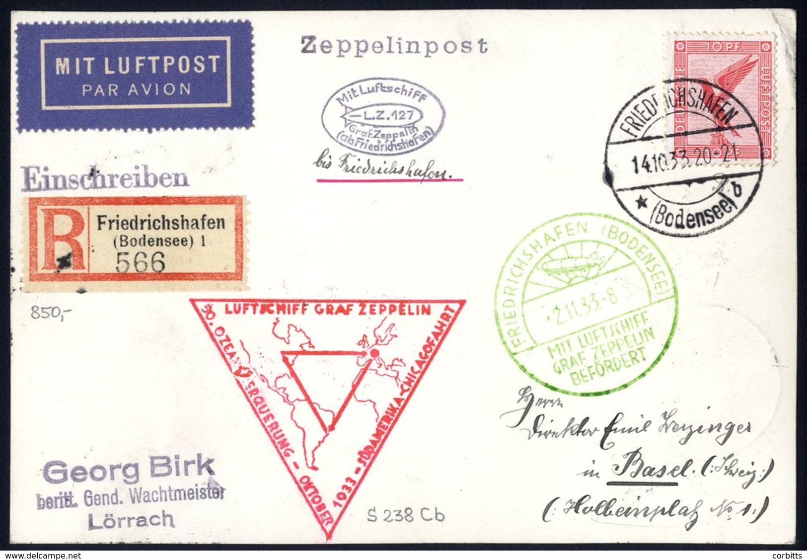 1933 Chicago Flight Registered Commemorative Card Franked 10pf Air, Cancelled Friedrichshafen & Addressed To Berlin, Bea - Autres & Non Classés