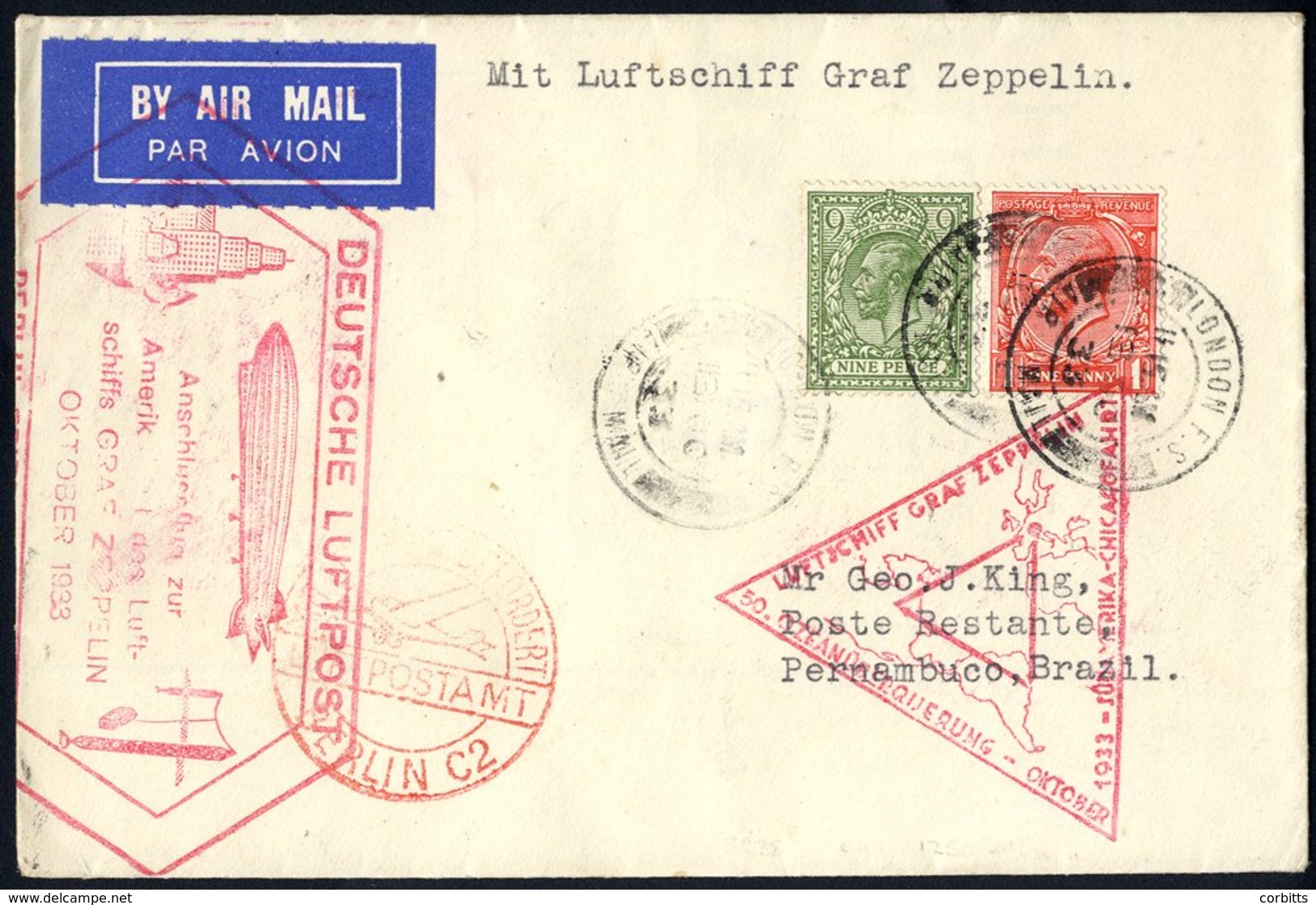 1933 Chicago Flight British Acceptance Envelope Franked KGV 1d + 9d, Cancelled London C.d.s. Obverse Bears Red 'Anschlus - Other & Unclassified