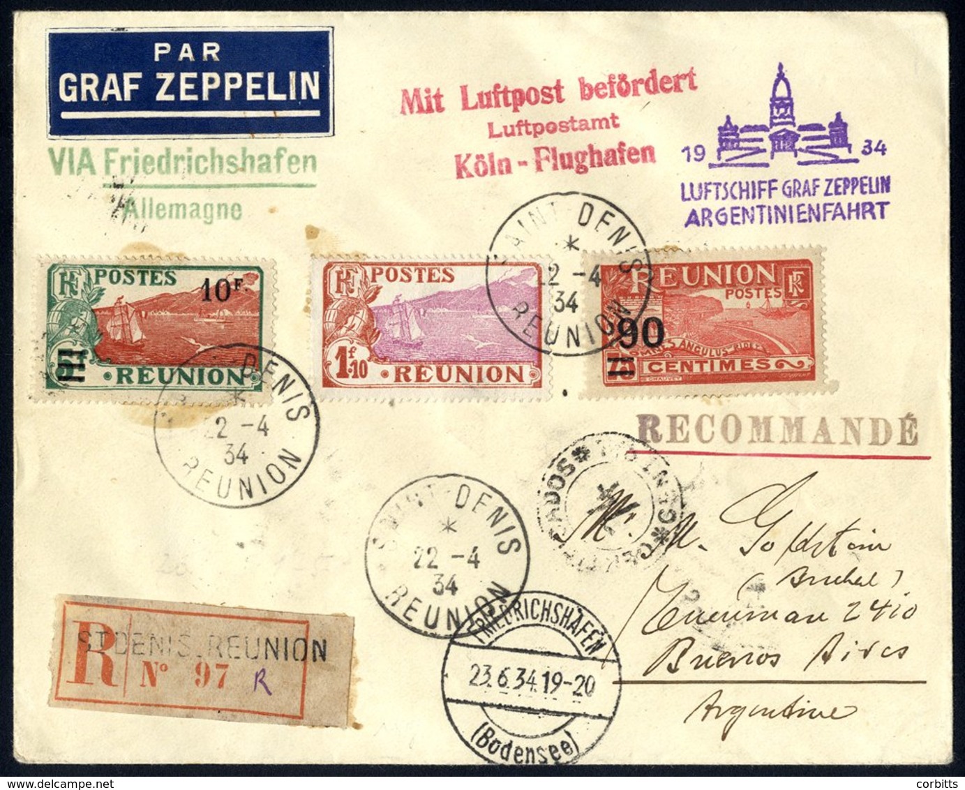 1934 1st Argentina Flight Reunion Acceptance Registered Envelope To Buenos Aires, Franked 90c, 1fr.10 & 10fr, Cancelled  - Autres & Non Classés