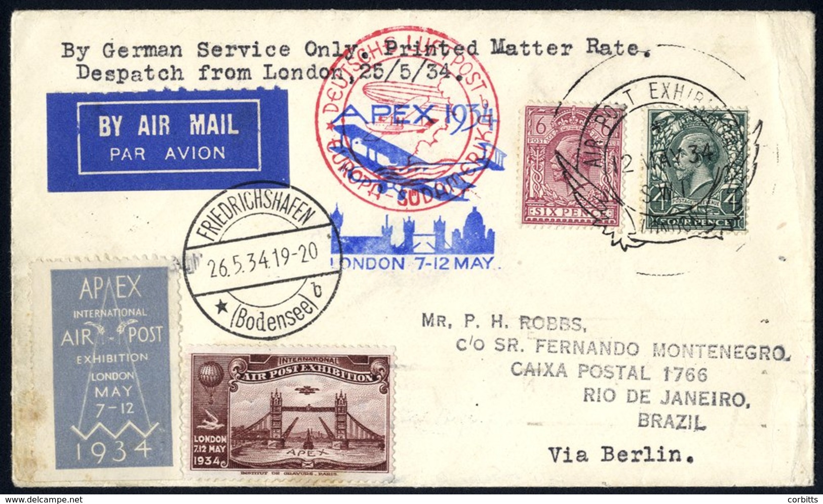 1934 1st South America Flight London Airmail Exhibition Commemorative Envelope 7 Labels To Rio De Janeiro, Franked KGV 4 - Autres & Non Classés