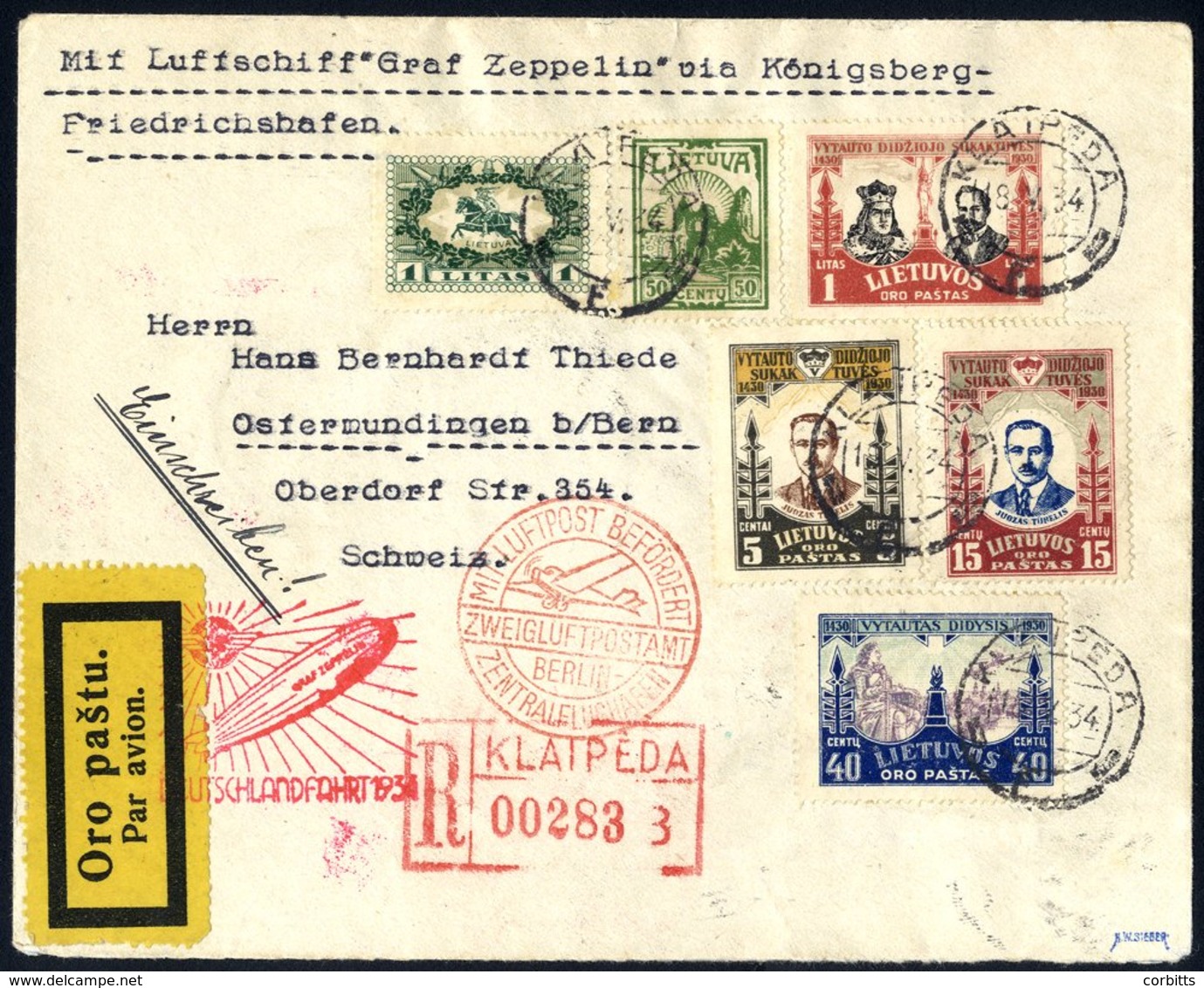 1934 Konigsberg Flight Lithuanian Acceptance Registered Envelope With Multi Franking, Cancelled KLATPEDA. Obverse Bears  - Autres & Non Classés