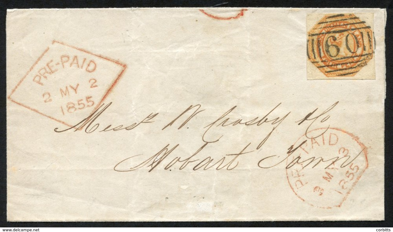 1853 (Nov) Courier Pl.2 4d Orange With Clear Margins, Crisply Cancelled '60' On 1855 (2 May) Entire From Launceston To H - Other & Unclassified