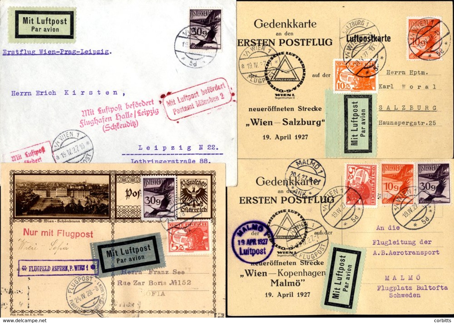 1927-28 First Flight Covers (4) From 1927 April 19th OLAG Vienna - Salzburg Official Buff Card (only 10 Flown)), 1927 Ap - Other & Unclassified