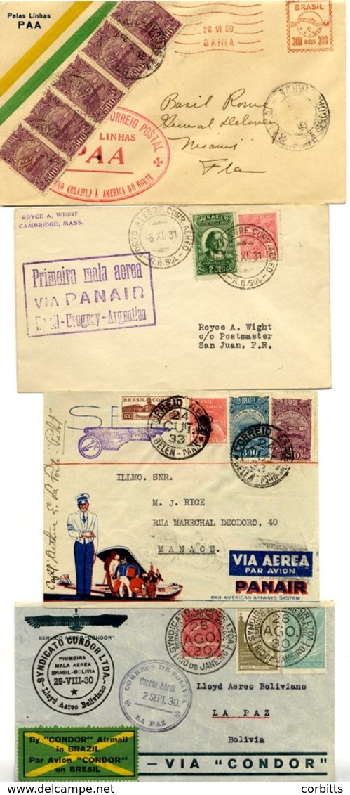 1930-33 First Flight Covers (4) Incl. 1930 PAA Precursor Flight Sao Paulo - Miami Company Cover Addressed To Basil Rowe, - Other & Unclassified