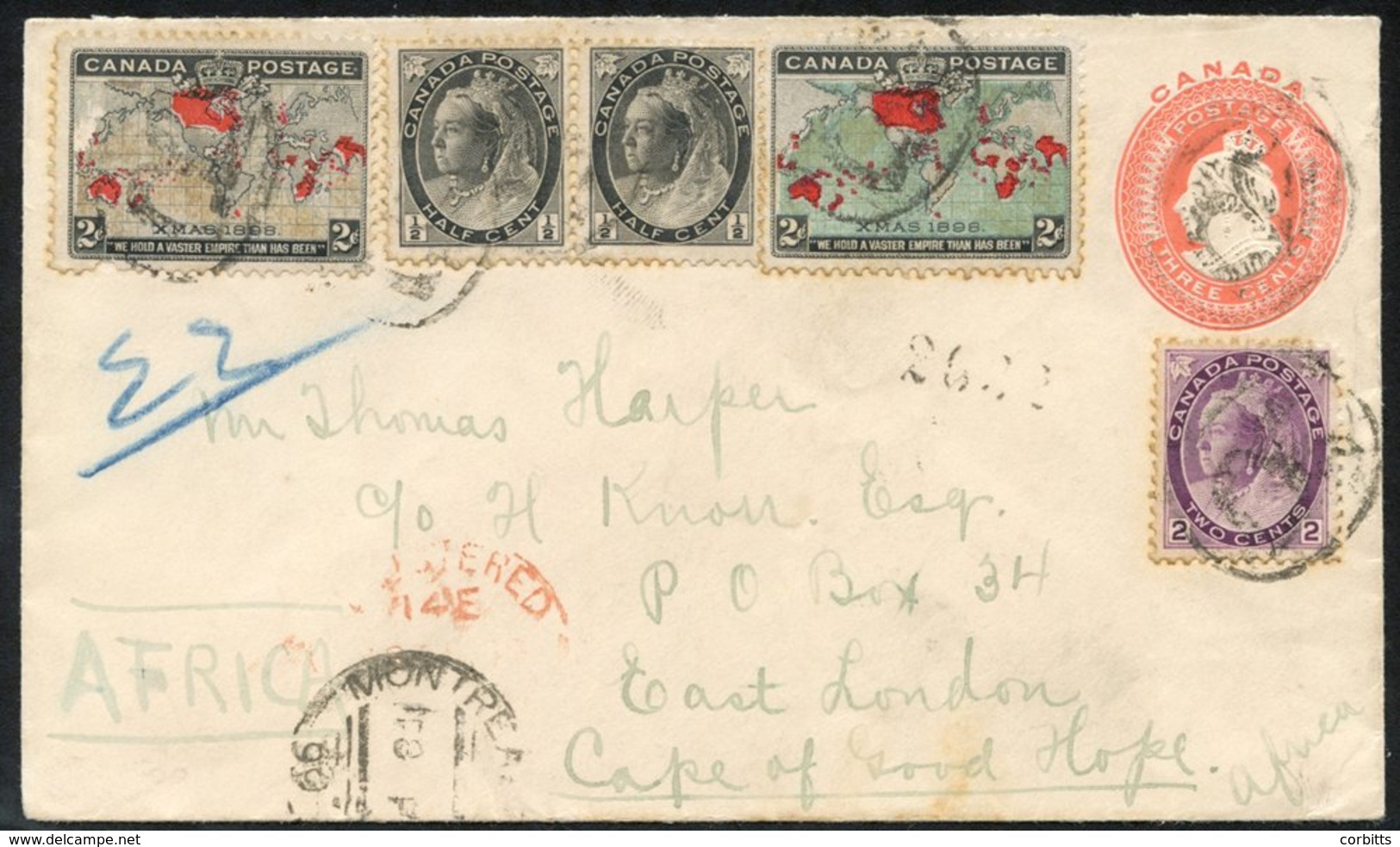 1899 3c Postal Stationery Envelope, Uprated With 1897-98 ½c (2), 2c, 1898 Map 2c (2 Distinct Shades), Registered To Cape - Other & Unclassified