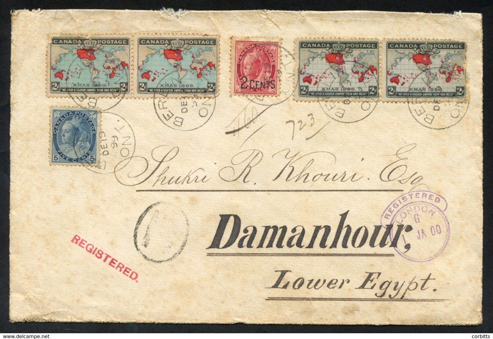 1899 Envelope Registered From Berlin, Ontario To Damanhov, Egypt, Franked 1897-98 5c, 2c On 3c, 2c Christmas Two Pairs ( - Autres & Non Classés
