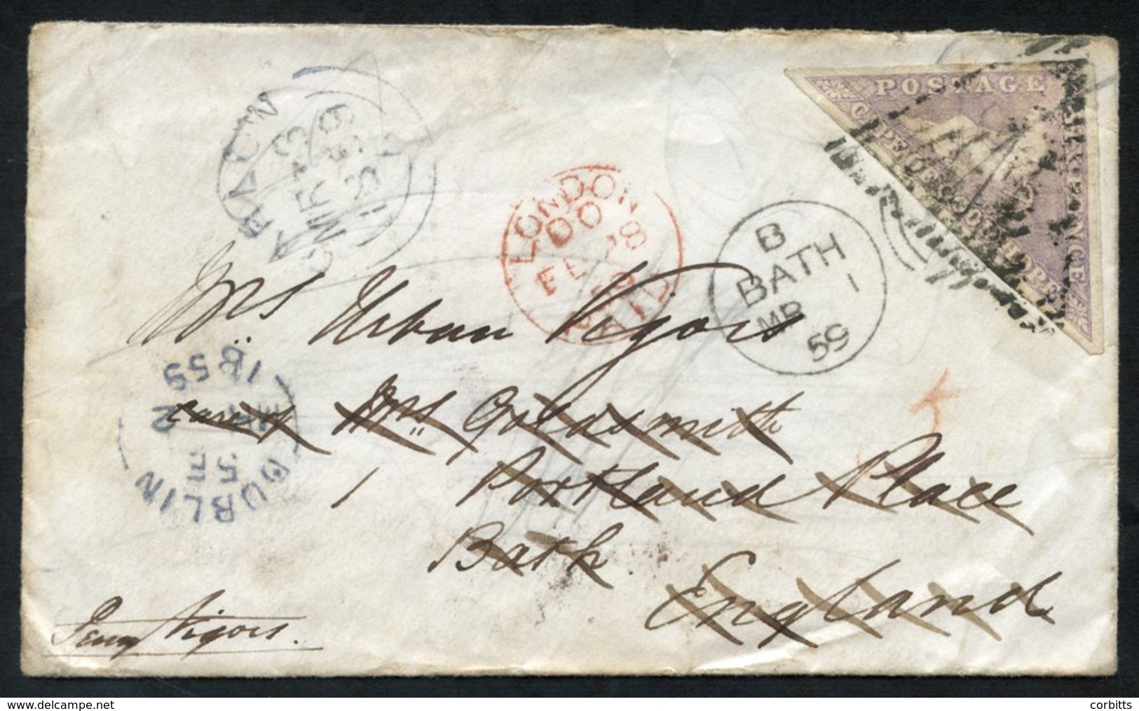 1859 Envelope To Bath, England, With A 6d Pale Rose-lilac (SG.7) Tied By A Triangular Cancel. A Cape Town JA.20.1859 Can - Autres & Non Classés