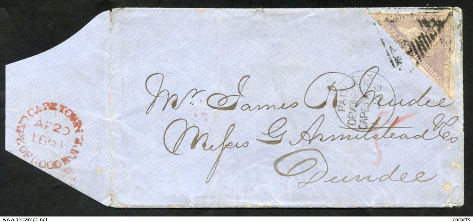 1861 Cover To Dundee, Scotland With A 6d (good Margins) Tied By A Triangular Cancel. Cape Town AP.20.1861 & Paid/Devonpo - Other & Unclassified