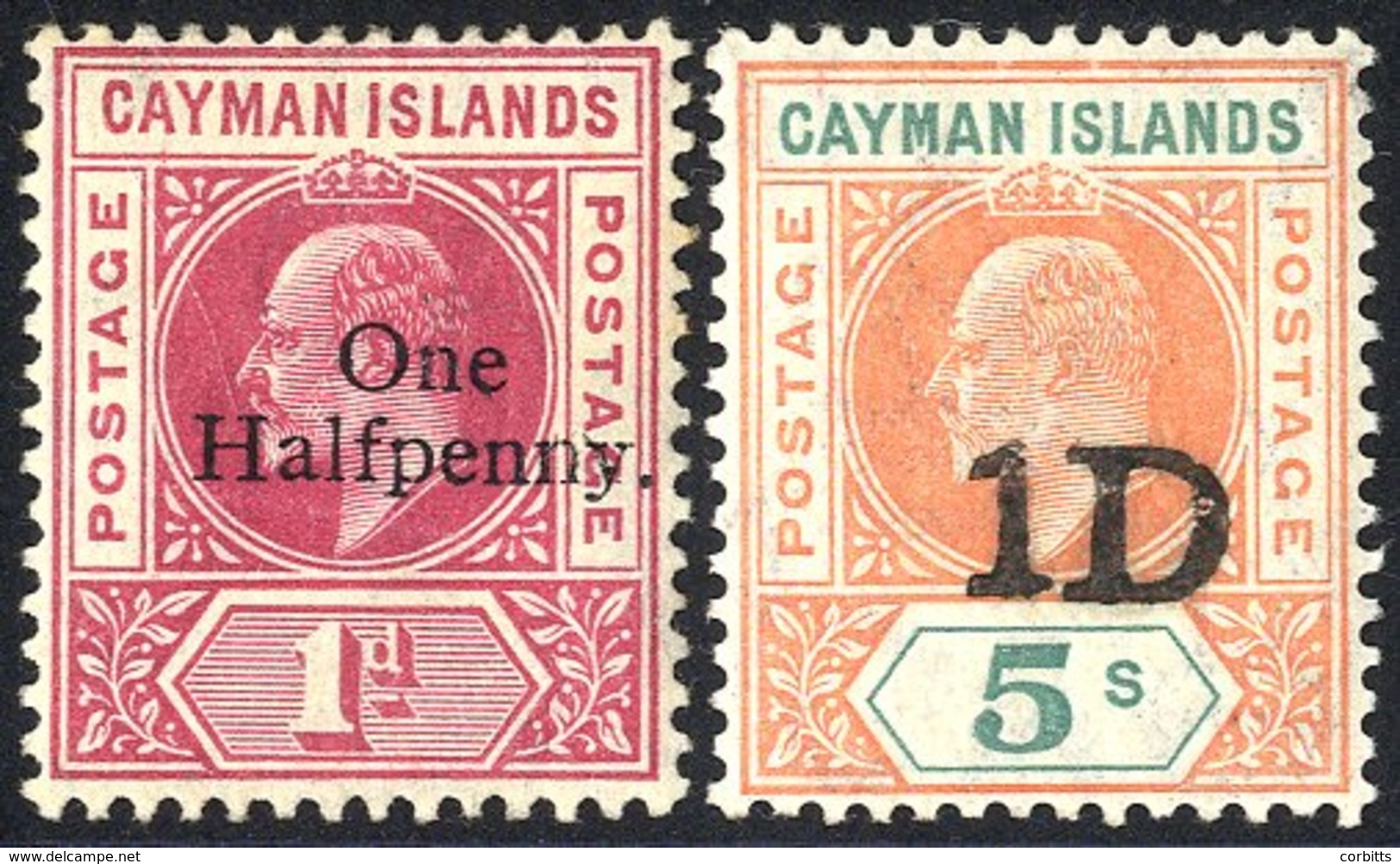 1907 ½d On 1d Carmine M, SG.17, 1d On 5s Salmon & Green, Fine M, SG.19. (2) Cat. £335 - Other & Unclassified
