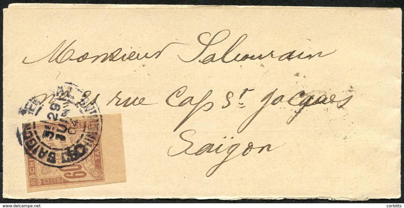 INDO-CHINA 1904 News Band Wrapper Addressed To Saigon Bearing Indo-China Postage Due 5 On 60c Brown/buff (Yv.1), Tied By - Autres & Non Classés