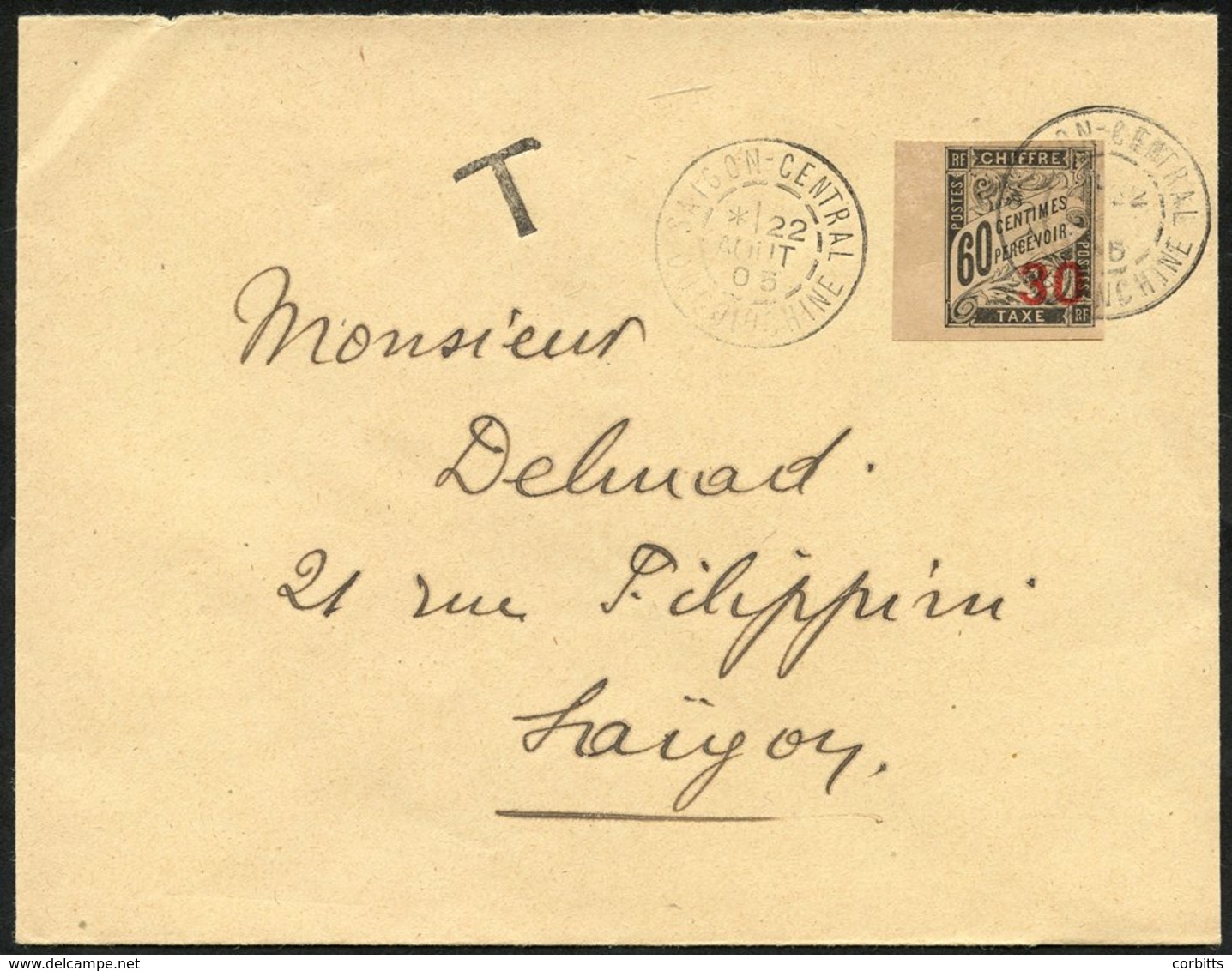 INDO-CHINA 1905 Envelope Addressed To Saigon Bearing Indo-China Postage Due 30 On 60c Black (Yv.4), Tied By Saigon Centr - Autres & Non Classés