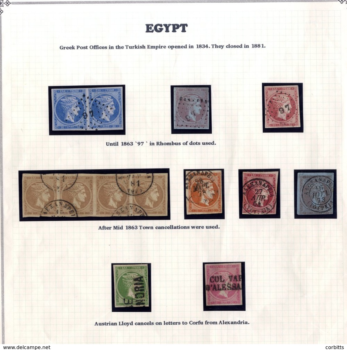 GREEK POST OFFICES IN EGYPT 1861-80 Range Of Greek Hermes Heads Adhesives Cancelled By No. 97 In Rhombus Of Dots 'Alexan - Other & Unclassified