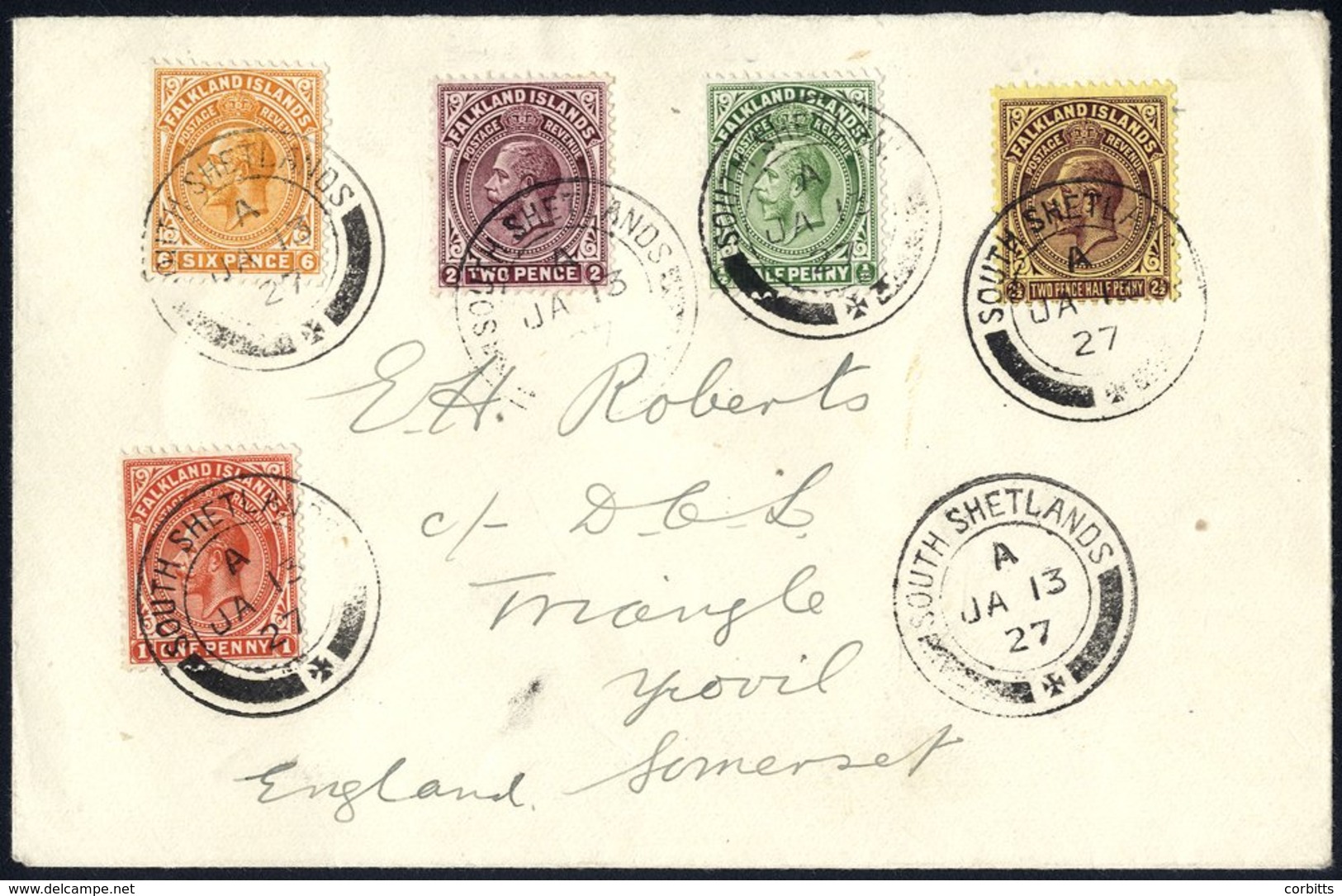 1927 Cover To GB Bearing ½d, 1d, 2d, 2½d Deep Purple/pale Yellow, 6d, Each Cancelled Code A C.d.s JA.13.27 South Shetlan - Autres & Non Classés