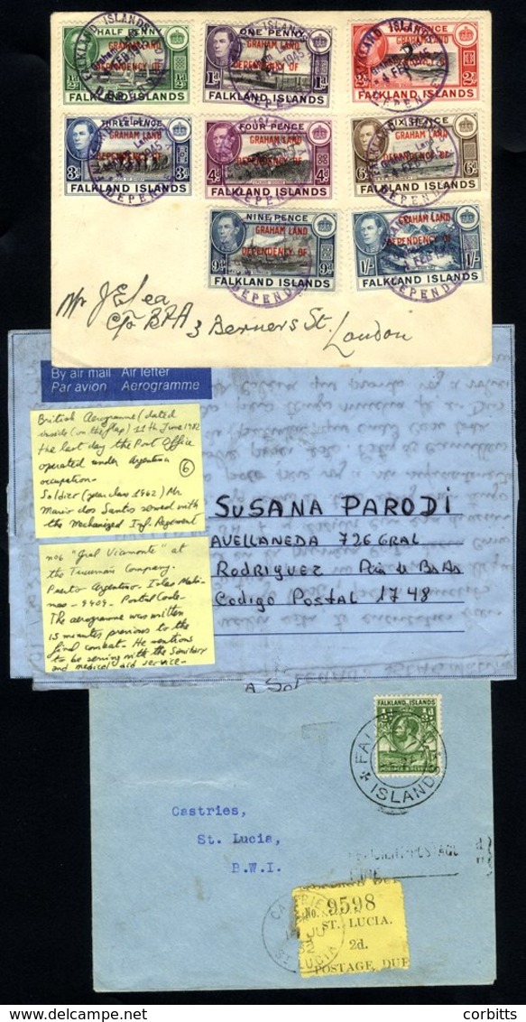 1932 Cover To St. Lucia Bearing ½d Whale & Penguin, Tied Falkland C.d.s Insufficiently Franked & St. Lucia 2d Due Added  - Other & Unclassified