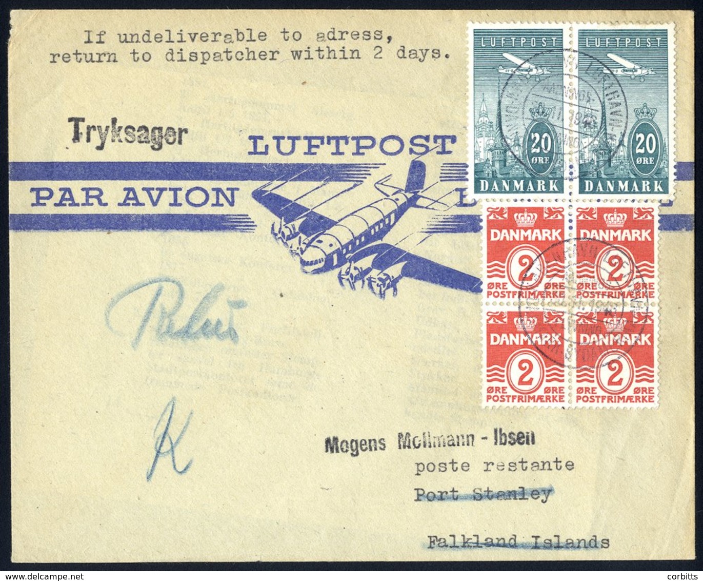 1946 Airmail Cover To Port Stanley From Denmark Bearing Pair 20ore Airs & 2ore Defin Block Of Four, C.d.s. Lufthaun Etc. - Other & Unclassified