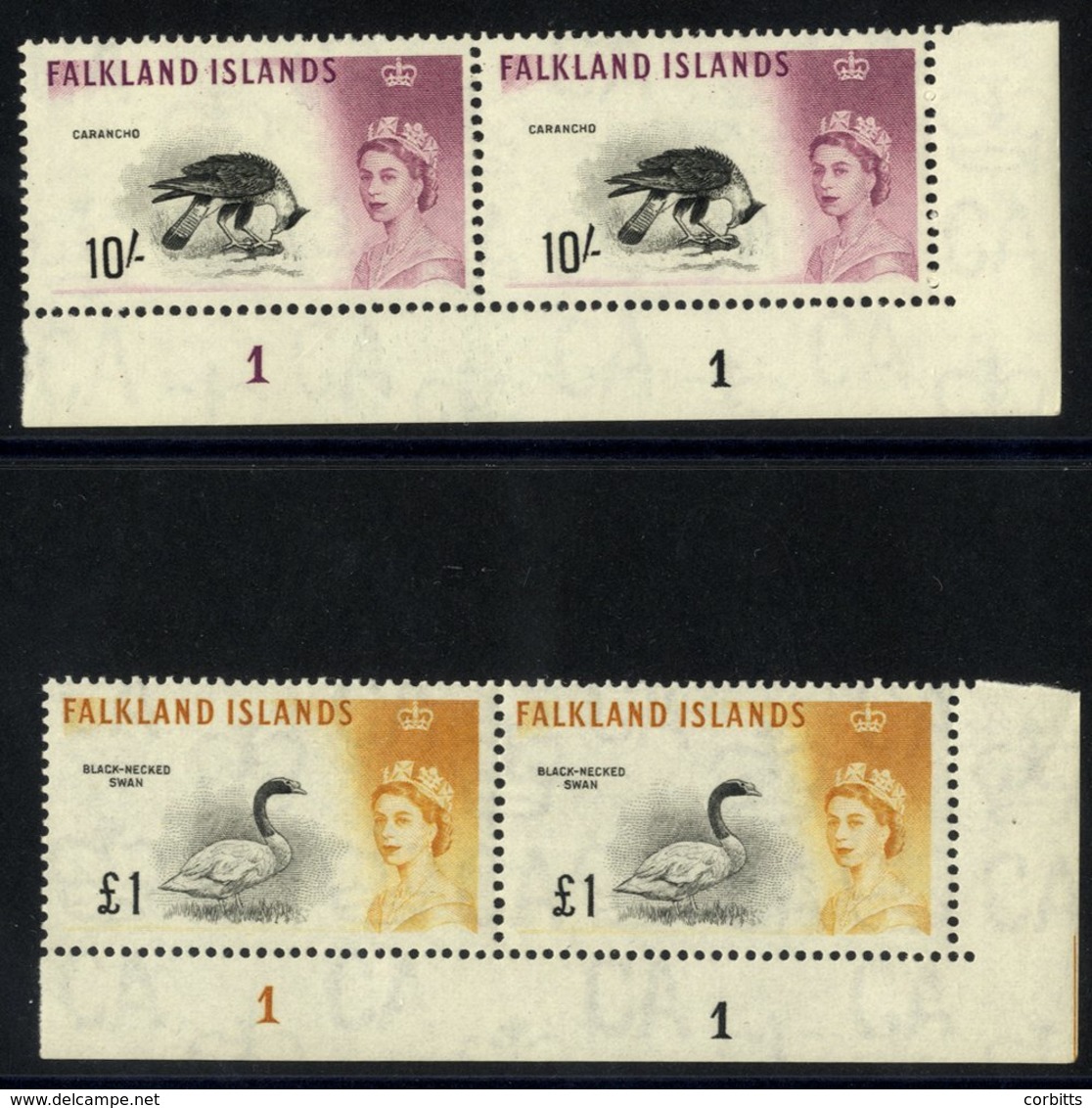 1960 10s & £1 Vals Each Corner Marginal Plate Number Pair. Basic Stamps Cat. £192. (4) - Autres & Non Classés