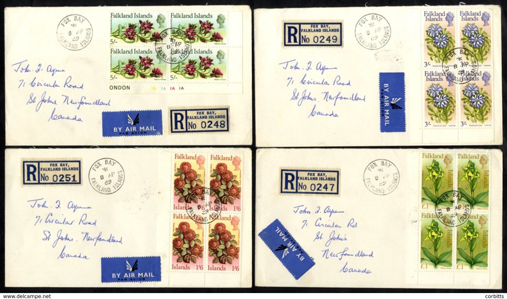 1968 Flowers Defin Set Of 14 Vals (SG.232/245) Each A Block Of Four Used On 13 Registered 'Fox Bay' Covers To Newfoundla - Other & Unclassified