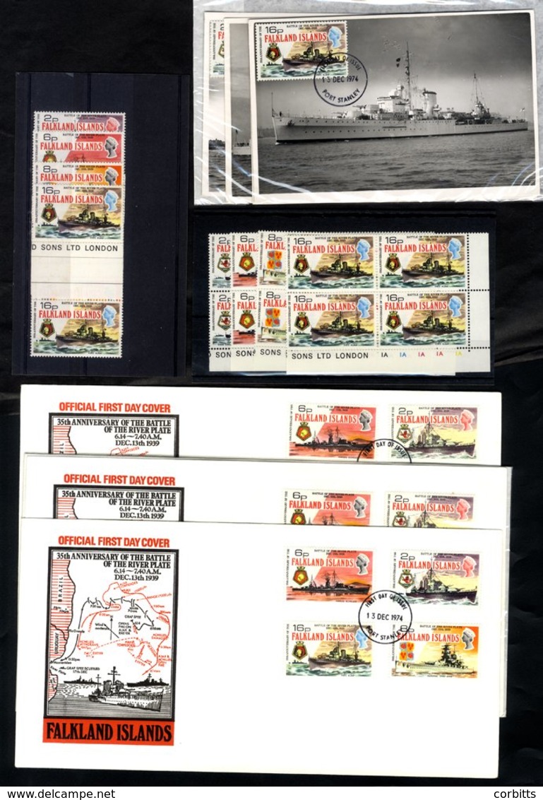 1974 Battle Of The River Plate Set On UM Gutter Pairs, Plate Blocks Of Four, FDC (3) Either Fox Bay Or P.S C.d.s's, Also - Autres & Non Classés