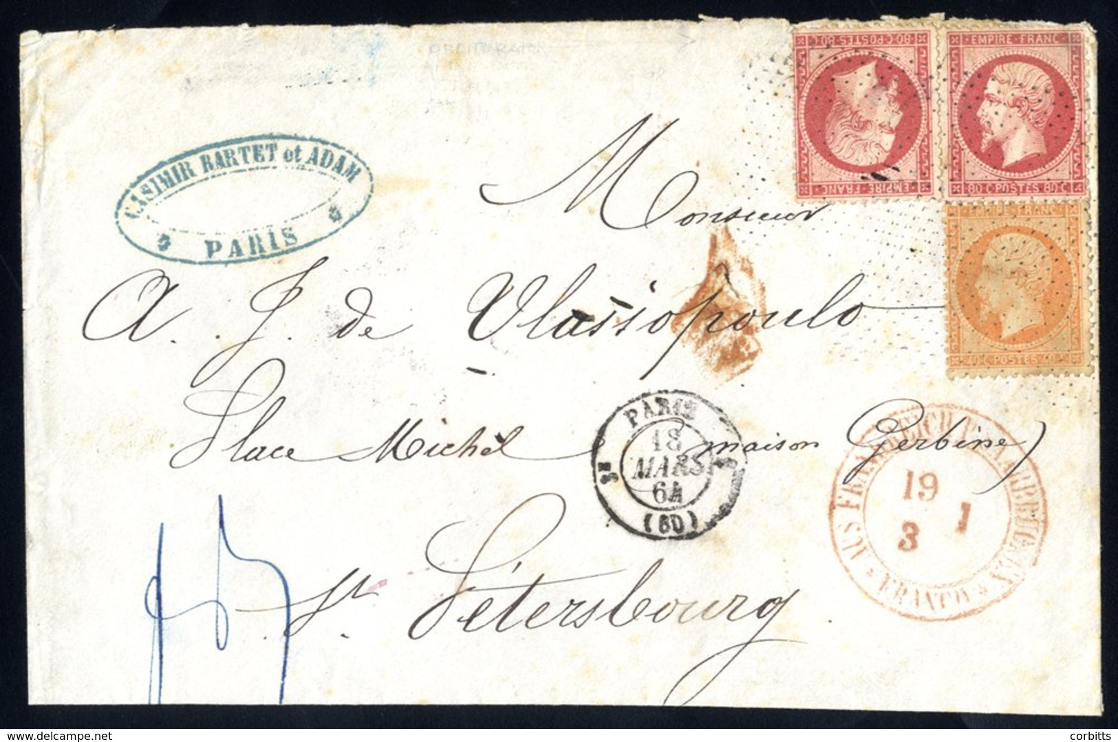 1864 Entire To St. Petersburg Franked Napoleon 40c + 80c (2), Cancelled Paris 'stars' With C.d.s In Association, Also Be - Other & Unclassified