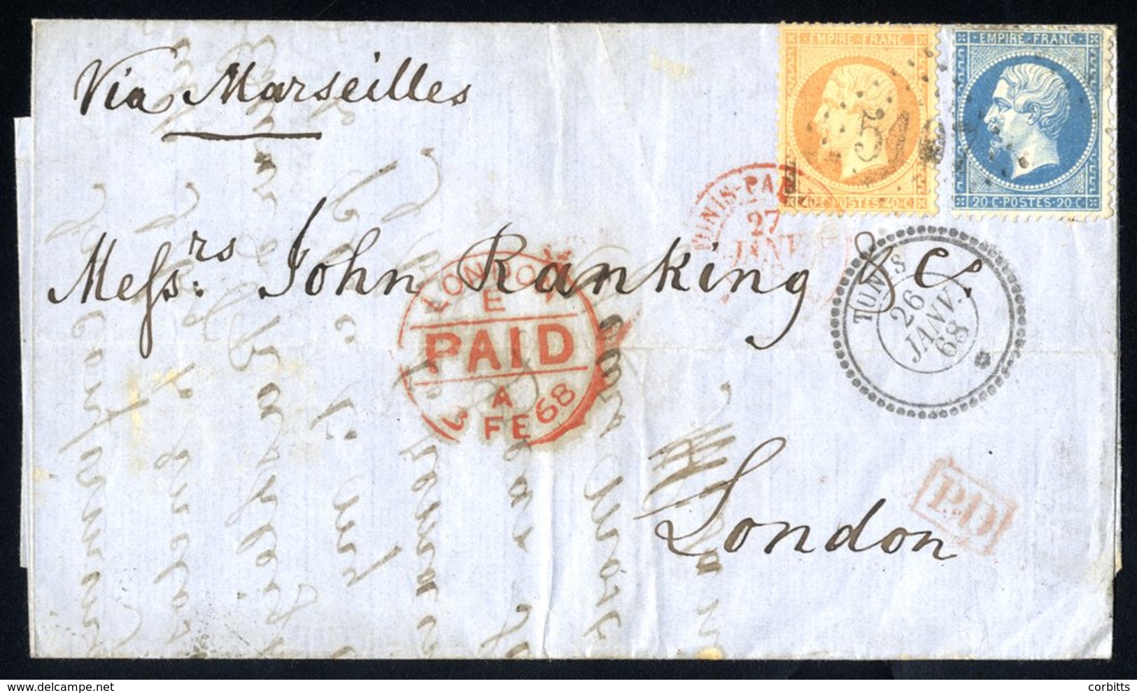 1868 Entire To London From Tunis Franked Napoleon 20c + 40c, Tied By '5497' Numeral Cancel With Tunis D/stamp In Associa - Other & Unclassified