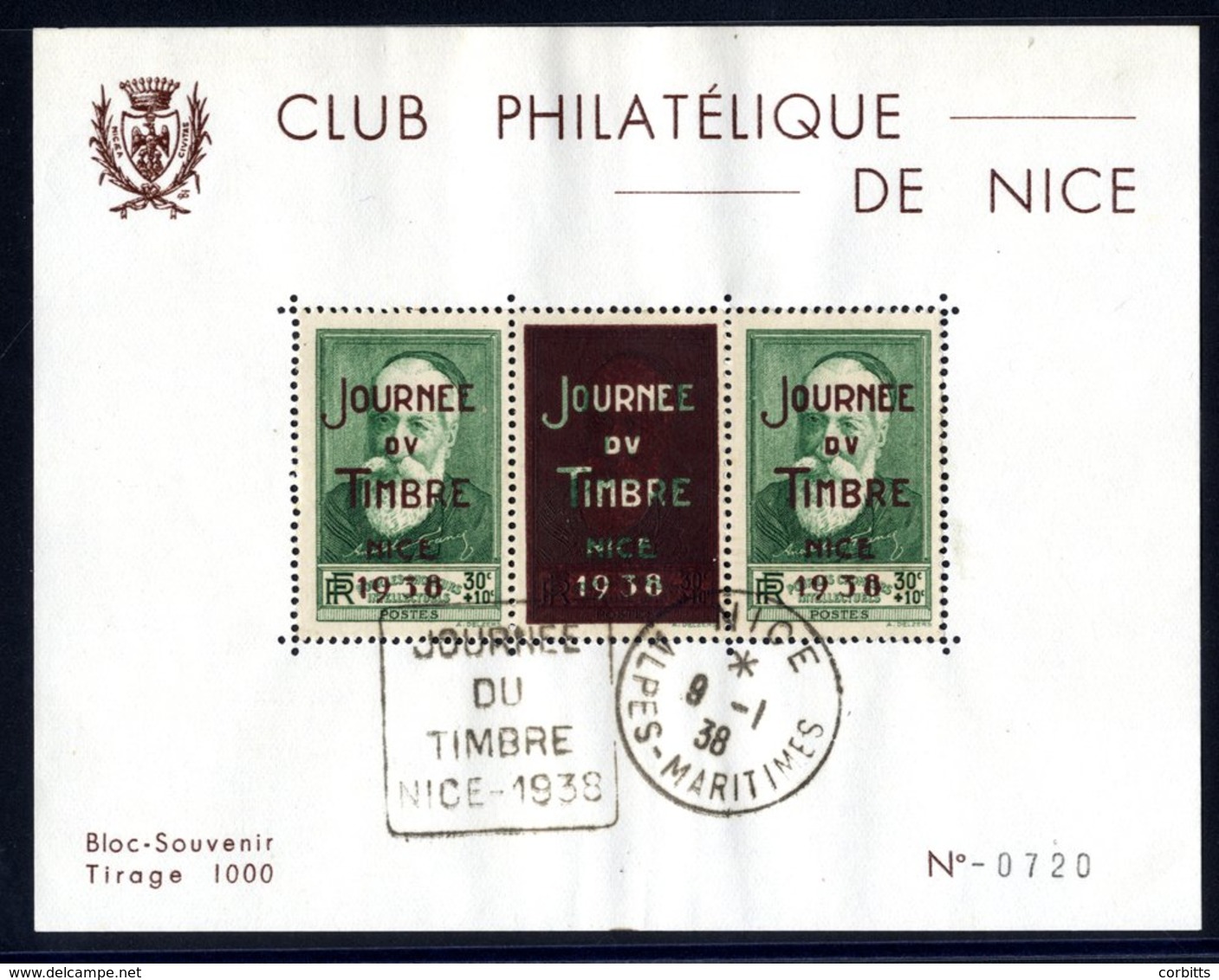 1938 Local Commemorative M/Sheet Produced By Nice P.S, Made Up Of Two Overprinted 30c + 10c Anatole France + Label Used. - Other & Unclassified