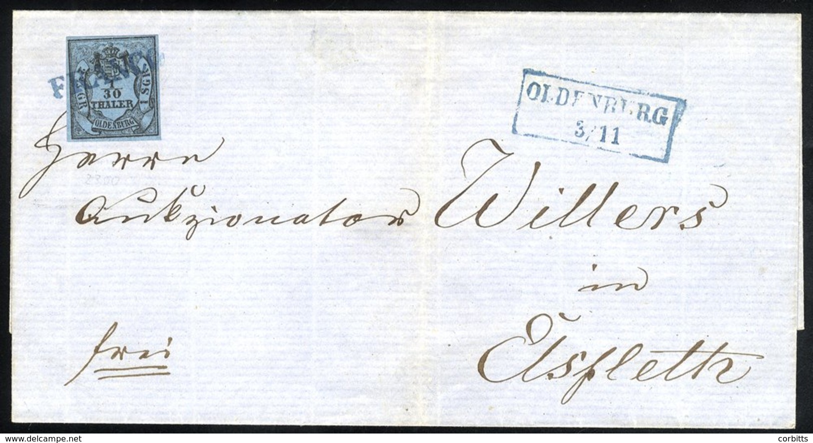 OLDENBURG 1850's Local Outer Letter Sheet Bearing Single Franking 1/30th, Tied S/line FRANCO H/stamp, Framed Oldenburg D - Other & Unclassified