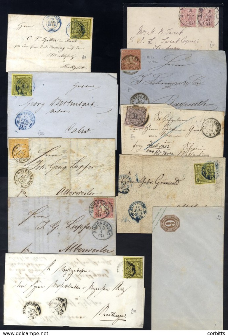 WURTTEMBERG 1851-1920's Stamped Covers Incl. Nice Group Of 1851 3k (4) - Shades & 9k Frankings, Imperf Arms, 1857 9k Ros - Other & Unclassified